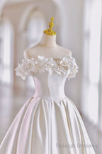 White Satin Long Ball Gowns, A Line Flower Wedding Gowns with Bow