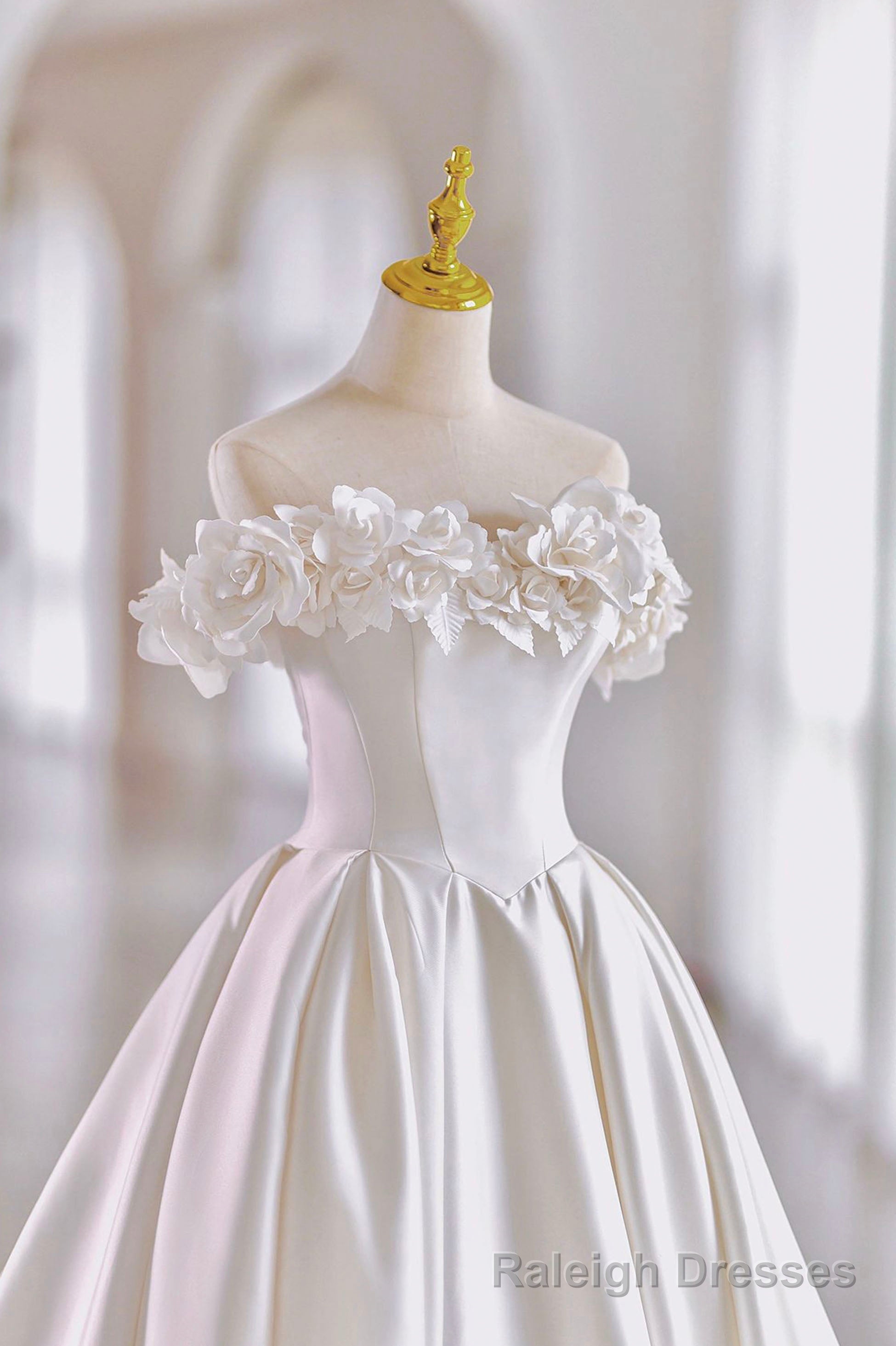 White Satin Long Ball Gowns, A Line Flower Wedding Gowns with Bow