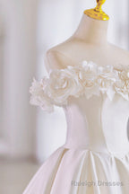 White Satin Long Ball Gowns, A Line Flower Wedding Gowns with Bow