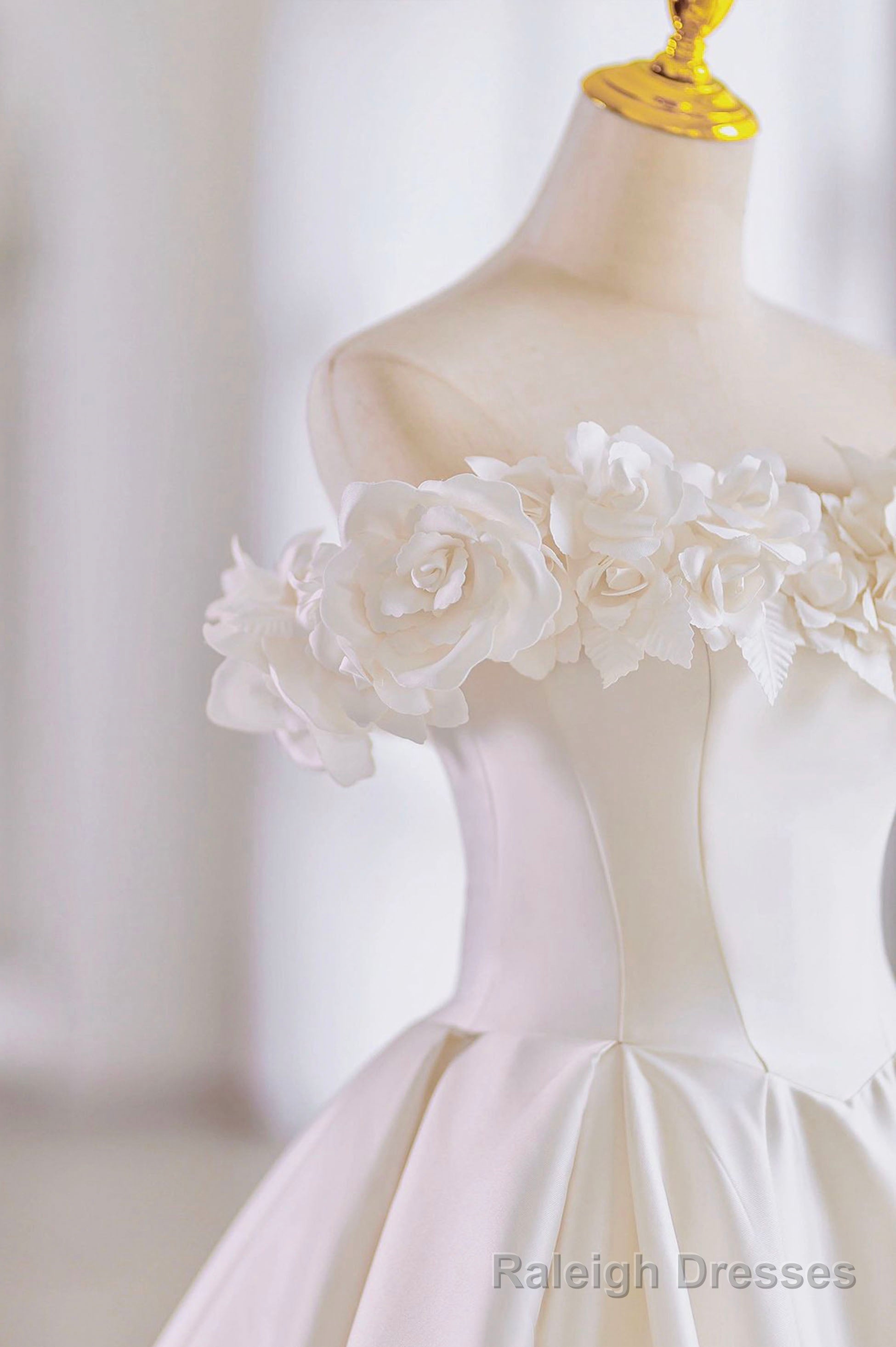 White Satin Long Ball Gowns, A Line Flower Wedding Gowns with Bow