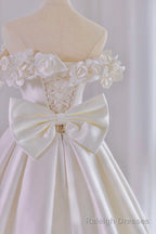 White Satin Long Ball Gowns, A Line Flower Wedding Gowns with Bow