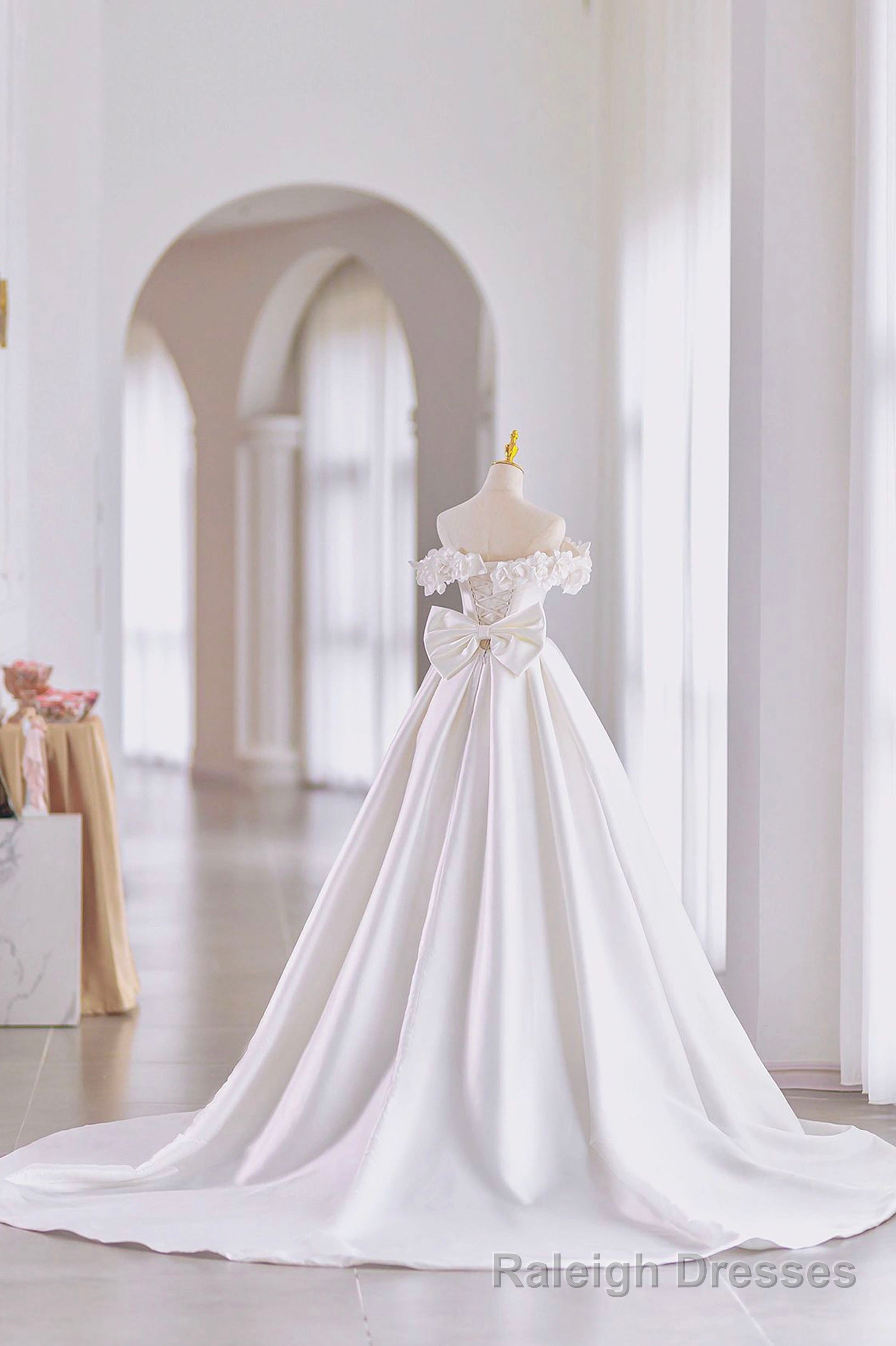 White Satin Long Ball Gowns, A Line Flower Wedding Gowns with Bow