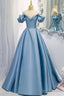 Blue V-Neck Satin Long Prom Dress, Off the Shoulder Evening Dress