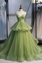 Green Tulle Long Prom Dresses, A-Line Evening Dresses with Train