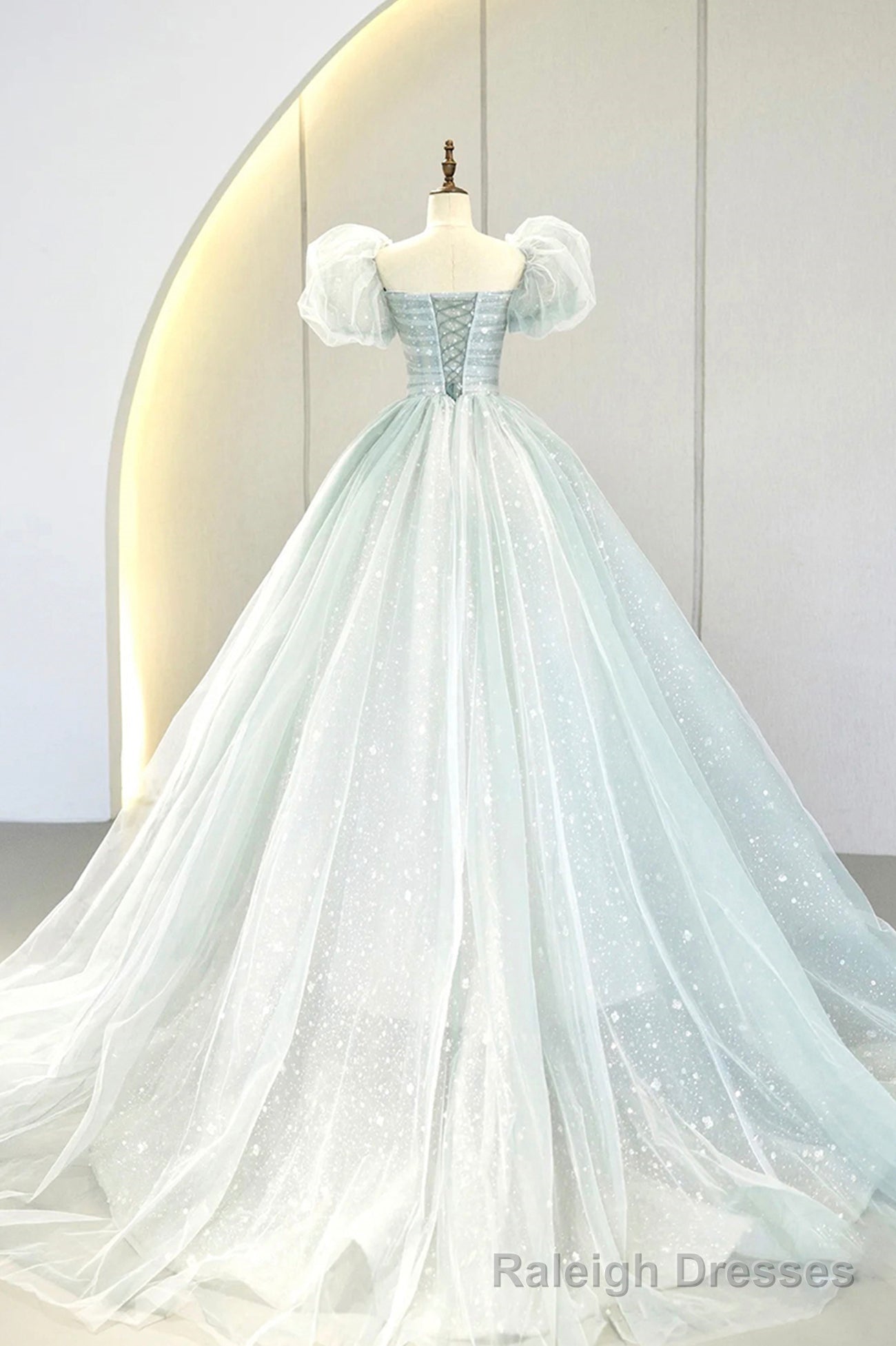 Lovely Puff Sleeve Tulle Formal Evening Gown, A-Line Long Prom Dress