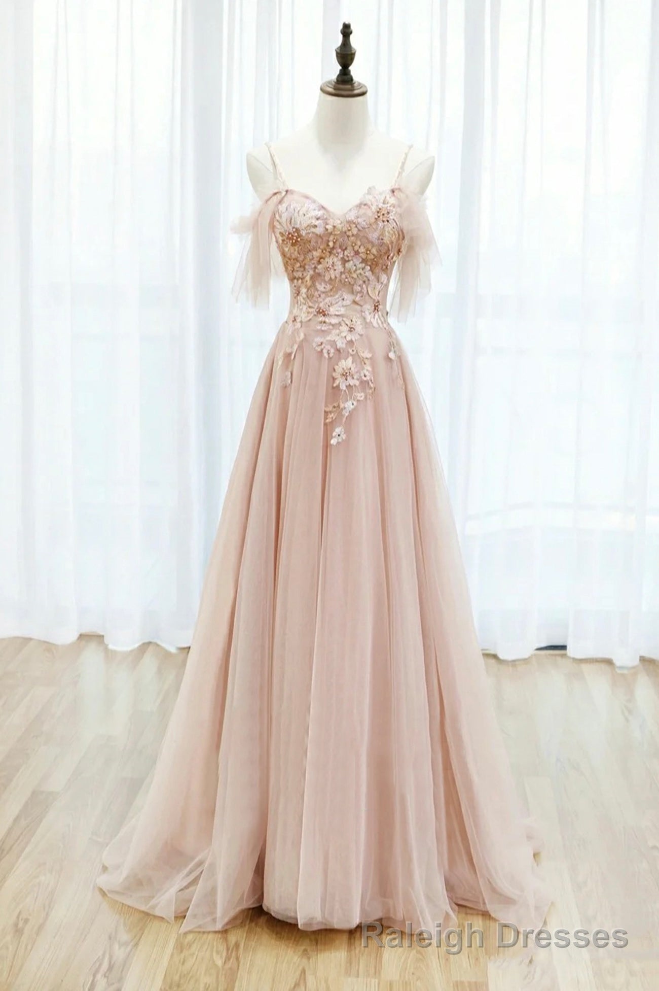 Pink Tulle Lace Long A-Line Prom Dress, Spaghetti Strap Formal Evening Dress Main image