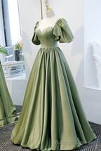 Green Satin A-Line Long Formal Dress, Green Junior Prom Dress
