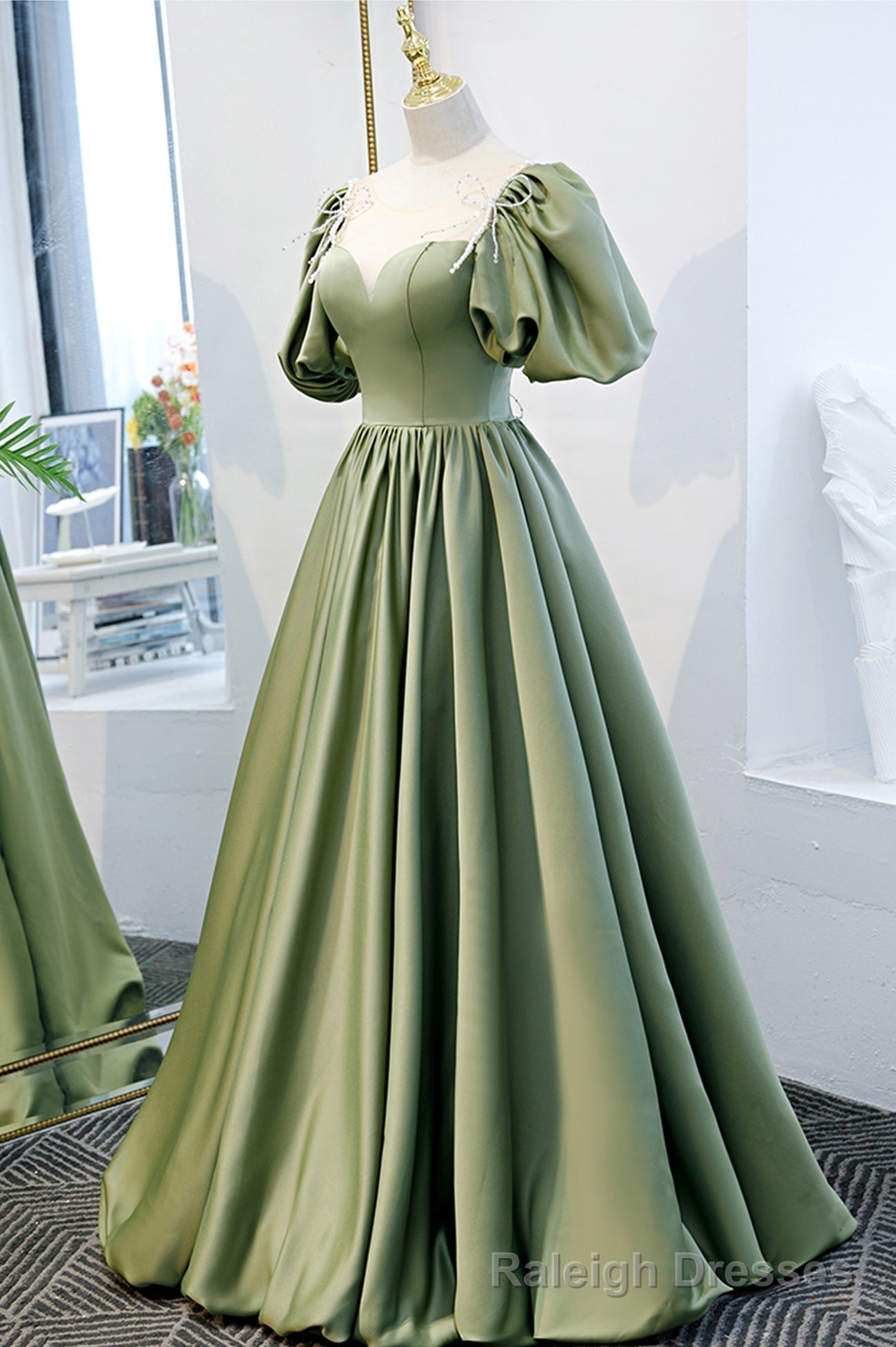 Green Satin A-Line Long Formal Dress, Green Junior Prom Dress