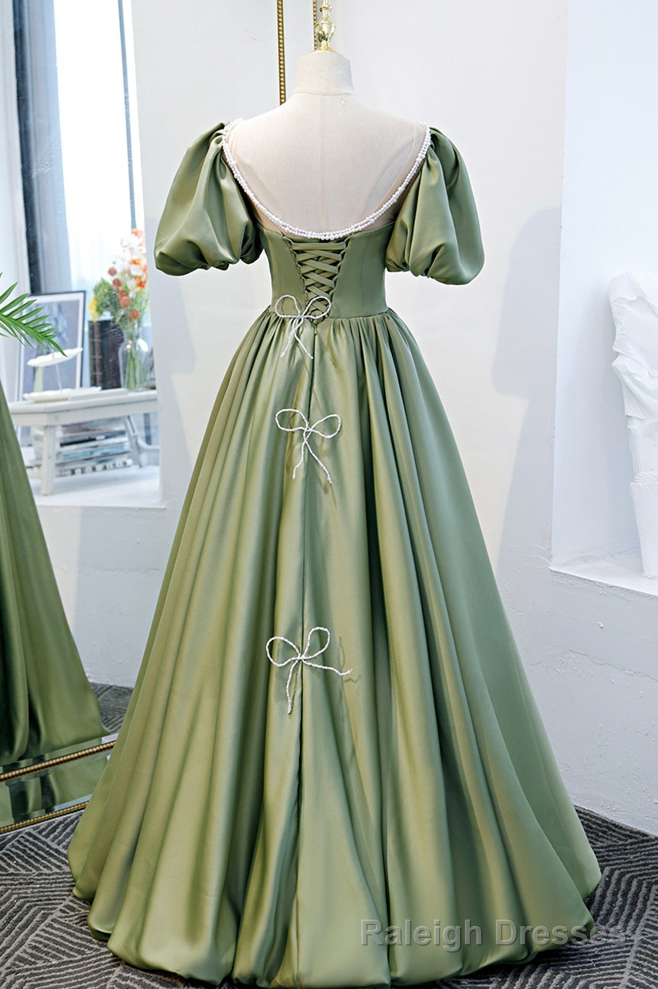 Green Satin A-Line Long Formal Dress, Green Junior Prom Dress