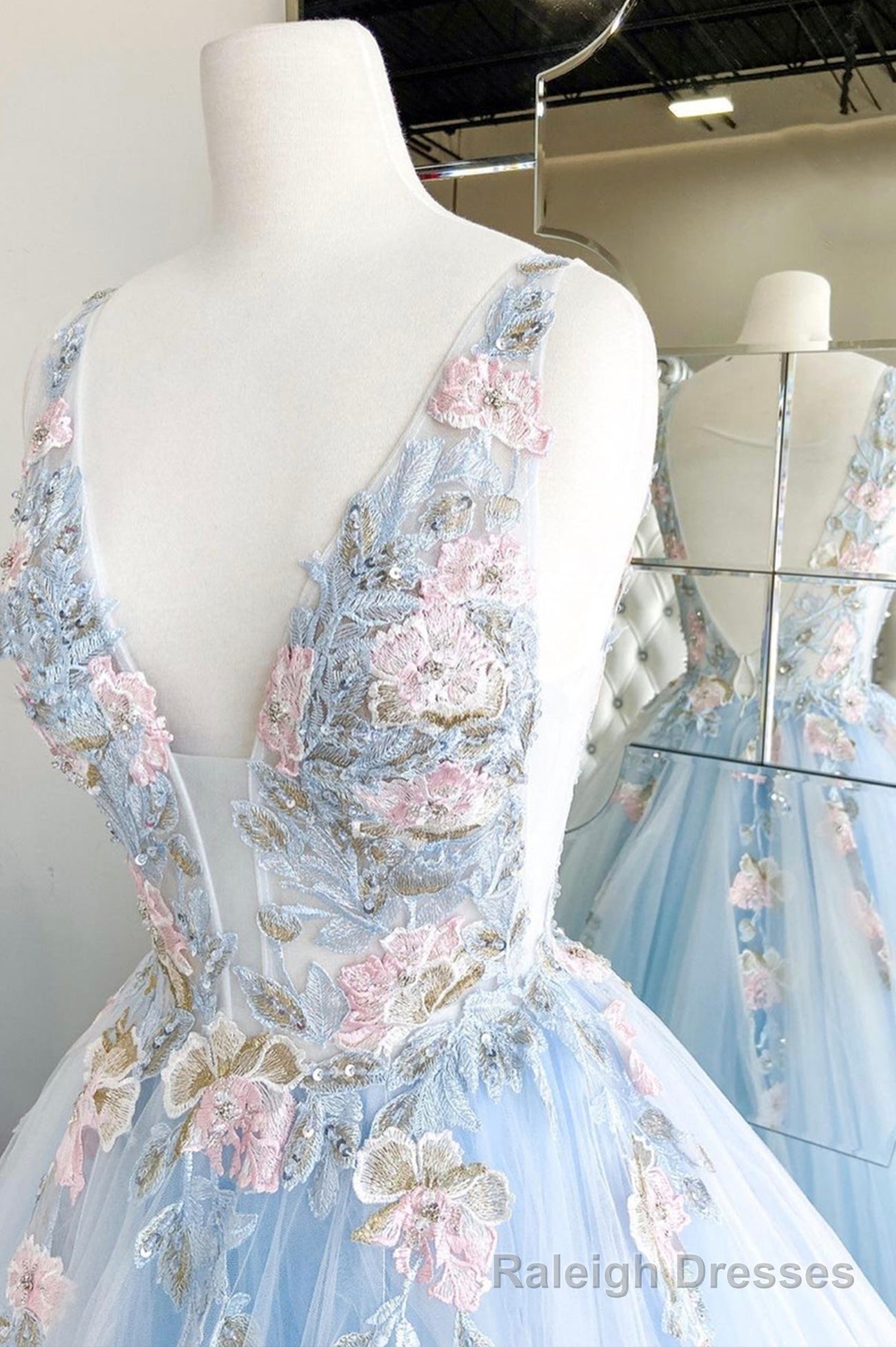 Blue V-Neck Tulle Lace Long Prom Dresses, Elegant Blue Formal Dresses