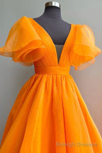Orange Organza Long A Line Prom Dress, Beautiful V Neck Prom Dress
