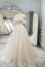 Champagne Tulle Lace Long Prom Dress, A Line Prom Gowns