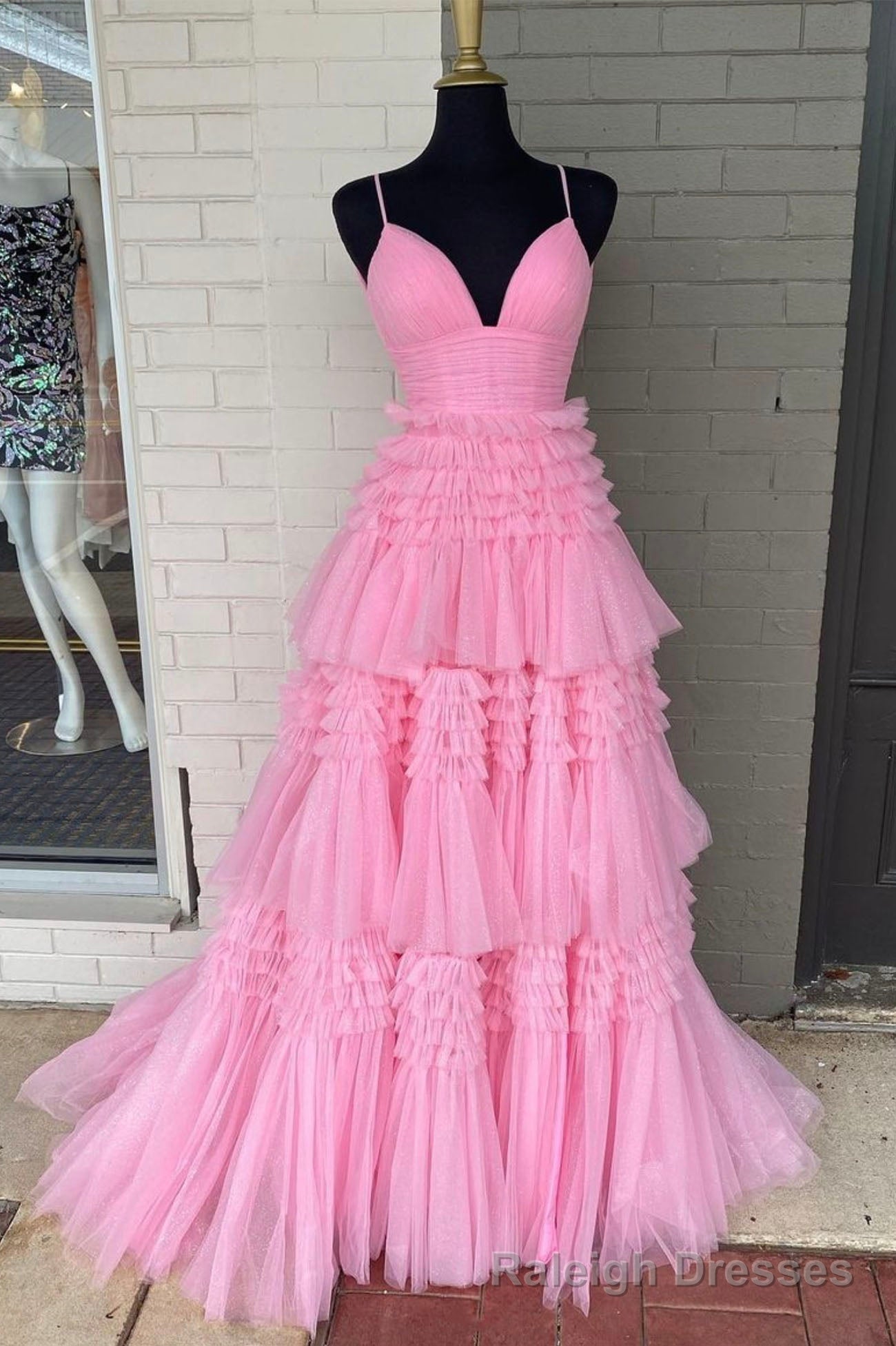Pink V-Neck Layers Tulle Long Ball Gown, A-Line Spaghetti Strap Evening Dress Main image