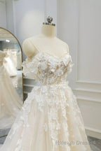 Champagne Tulle Lace Long Prom Dress, A Line Prom Gowns