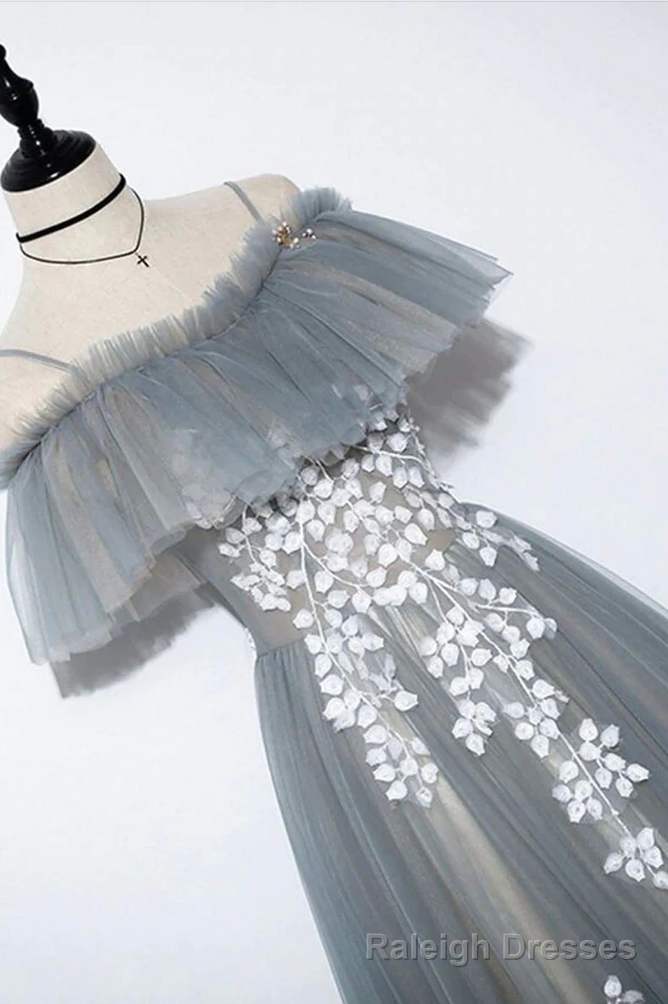 Gray Tulle Lace Long Prom Dress, A Line Prom Dress Secondary image