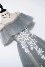 Gray Tulle Lace Long Prom Dress, A Line Prom Dress