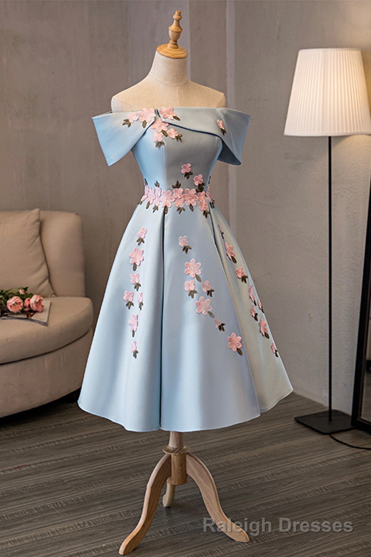 Blue Satin Off the Shoulder Prom Dresses, A Line Homecoming Dresses Secondary image