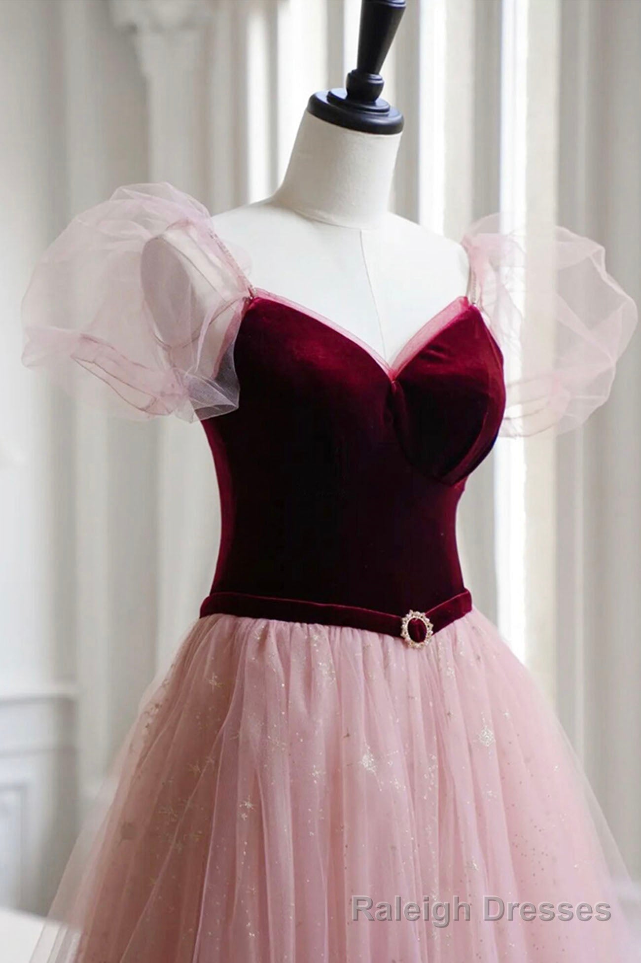 Burgundy Velvet and Pink Tulle Long A-Line Prom Dress, Lovely Party Dress Secondary image