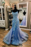Blue Tulle Lace Long Mermaid Formal Dresses, Blue Prom Dresses