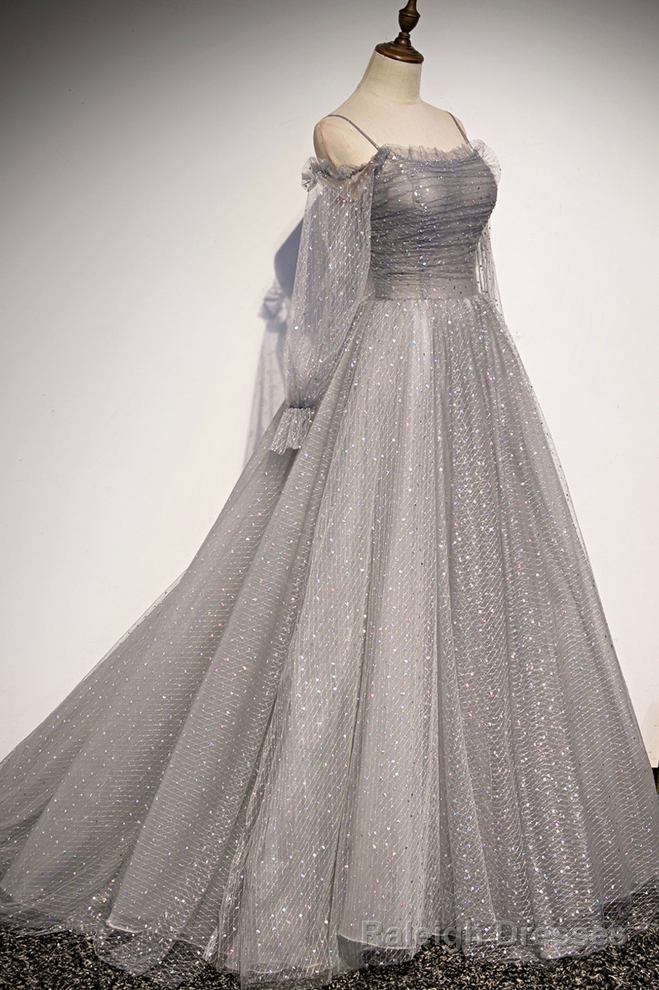 Gray Tulle Sequins Long Prom Dress, Long Sleeve Evening Dress Secondary image