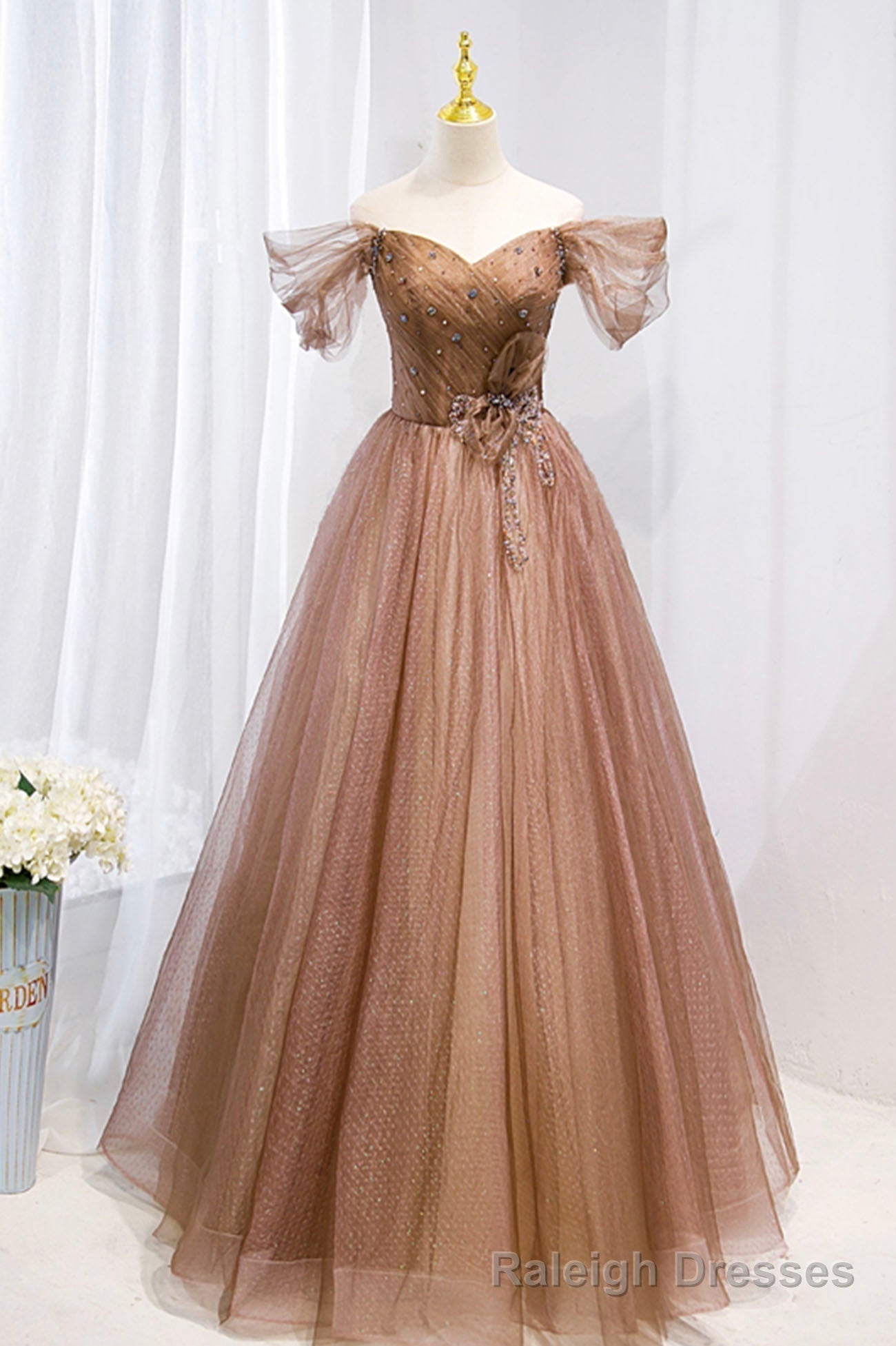 Off the Shouler Long Formal Dresses, A Line Tulle Formal Prom Dress Main image