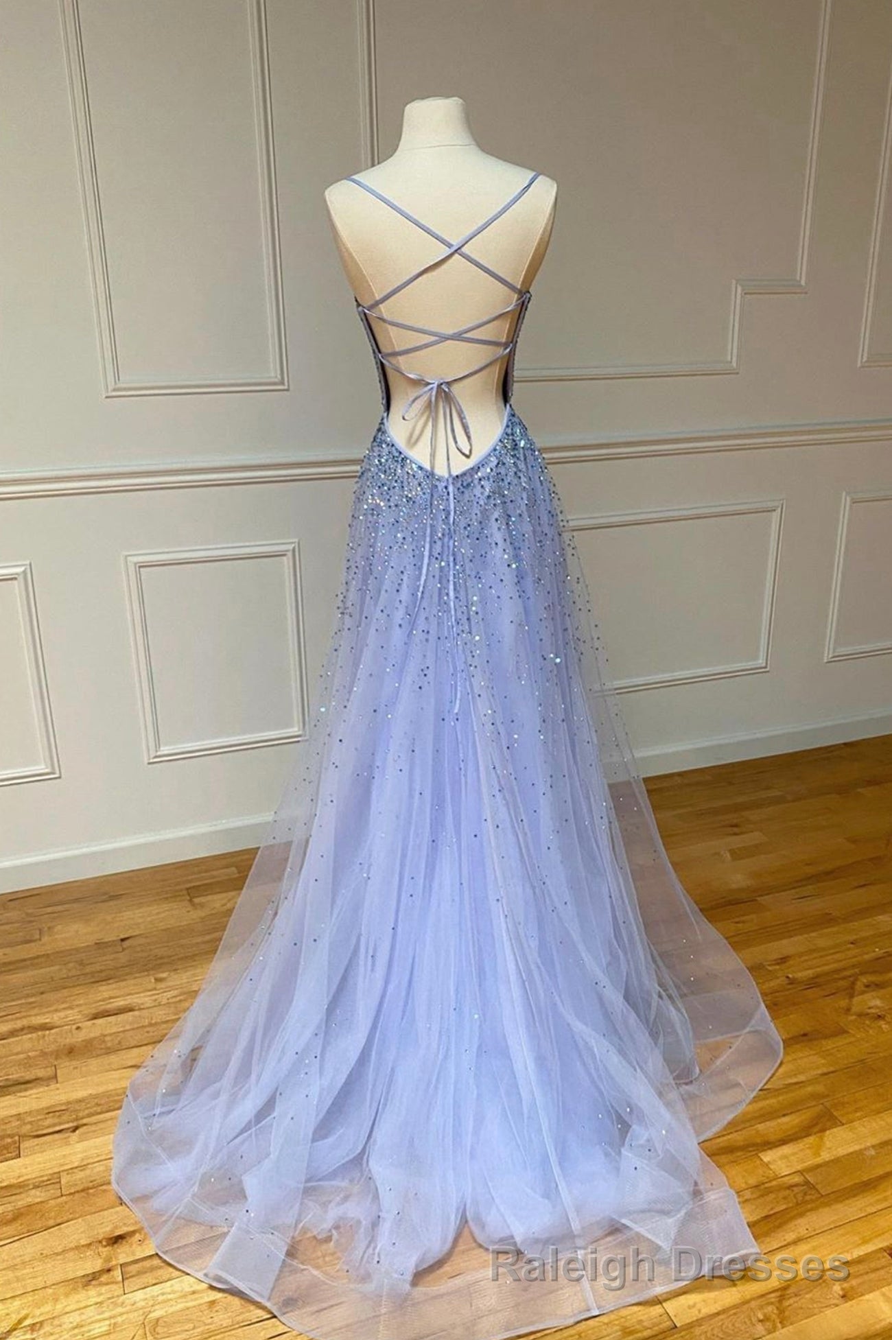 Stylish Tulle Pearl Long Prom Dresses,  A-Line Backless Evening Party Dresses Secondary image
