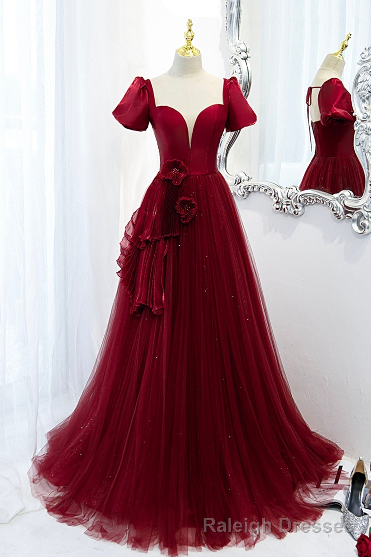 A-Line Satin Tulle Long Prom Dresses, Burgundy Evening Dresses Main image