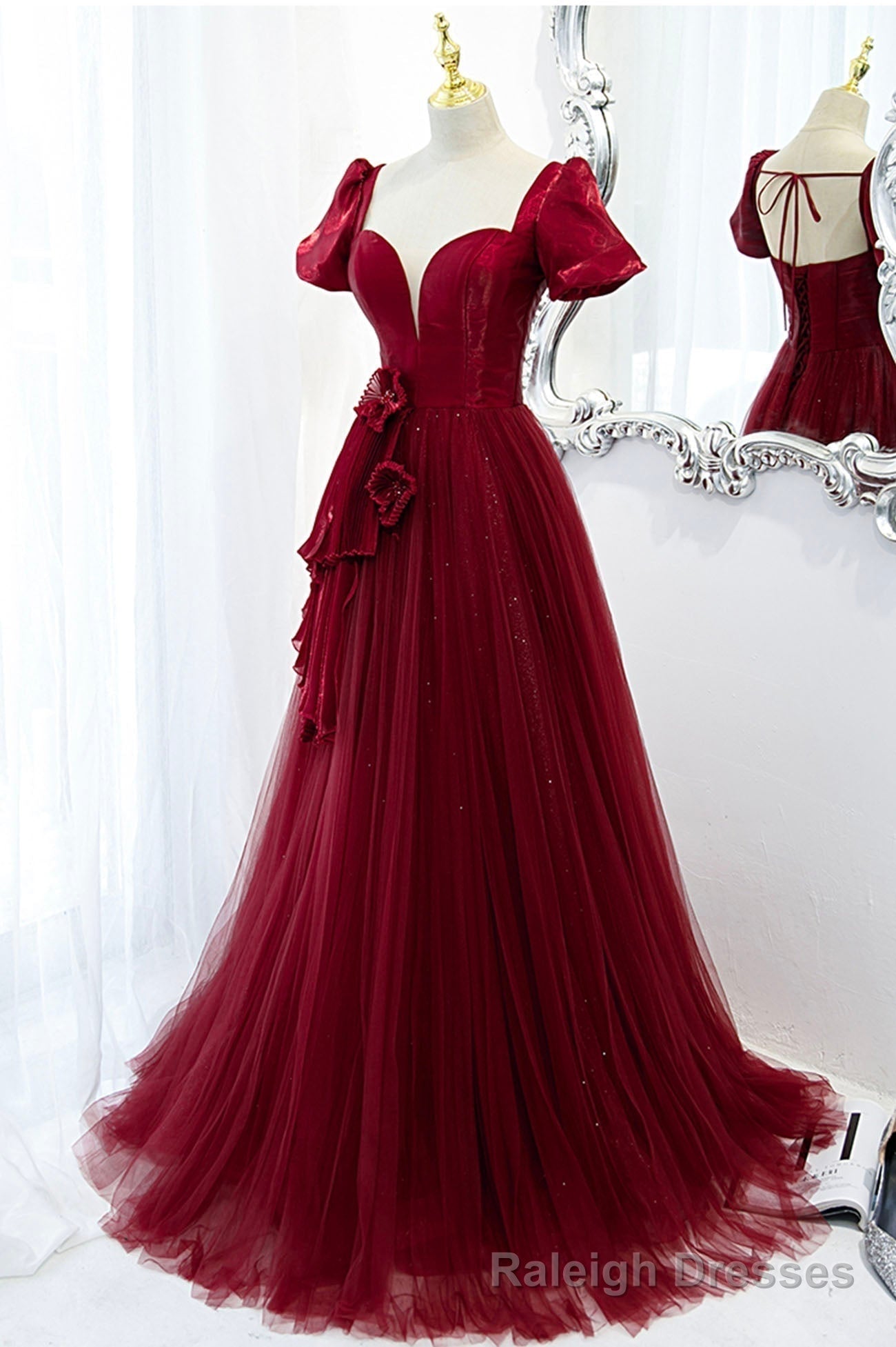 A Line Satin Tulle Long Prom Dresses, Burgundy Prom Dresses