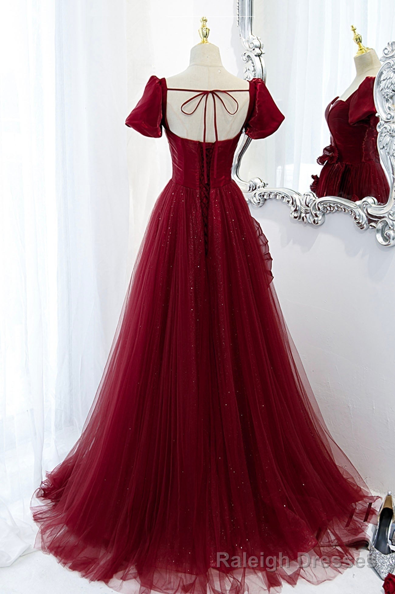 A Line Satin Tulle Long Prom Dresses, Burgundy Prom Dresses