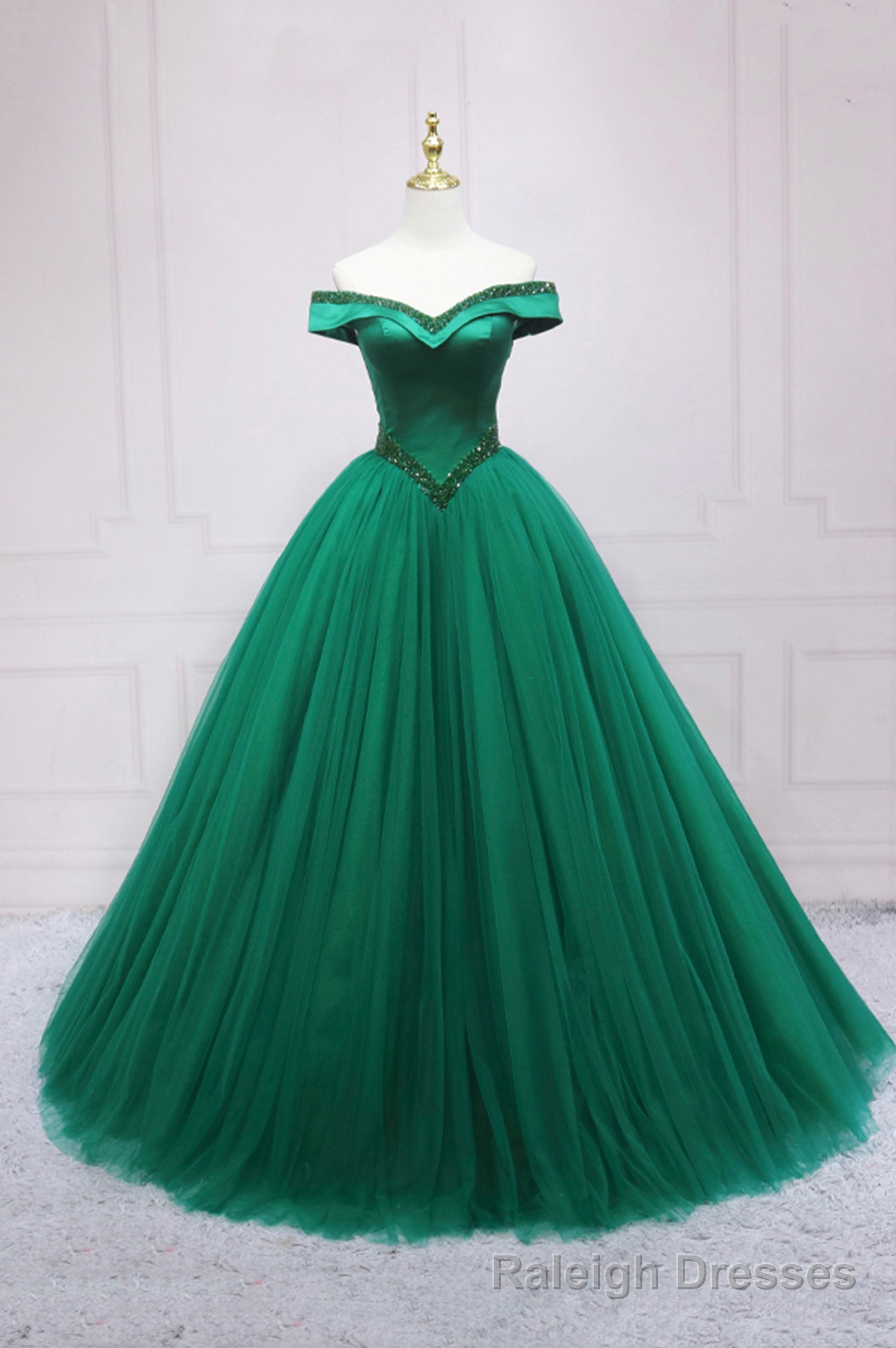 Green Tulle Long A-Line Ball Gown, Off the Shoulder Evening Dress Main image