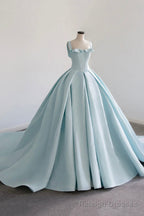 Blue Satin Long A-Line Ball Gown, Blue Evening Gown with Train