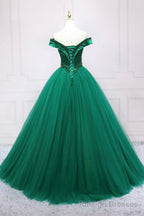 Green Tulle Long A-Line Ball Gown, Off the Shoulder Evening Dress