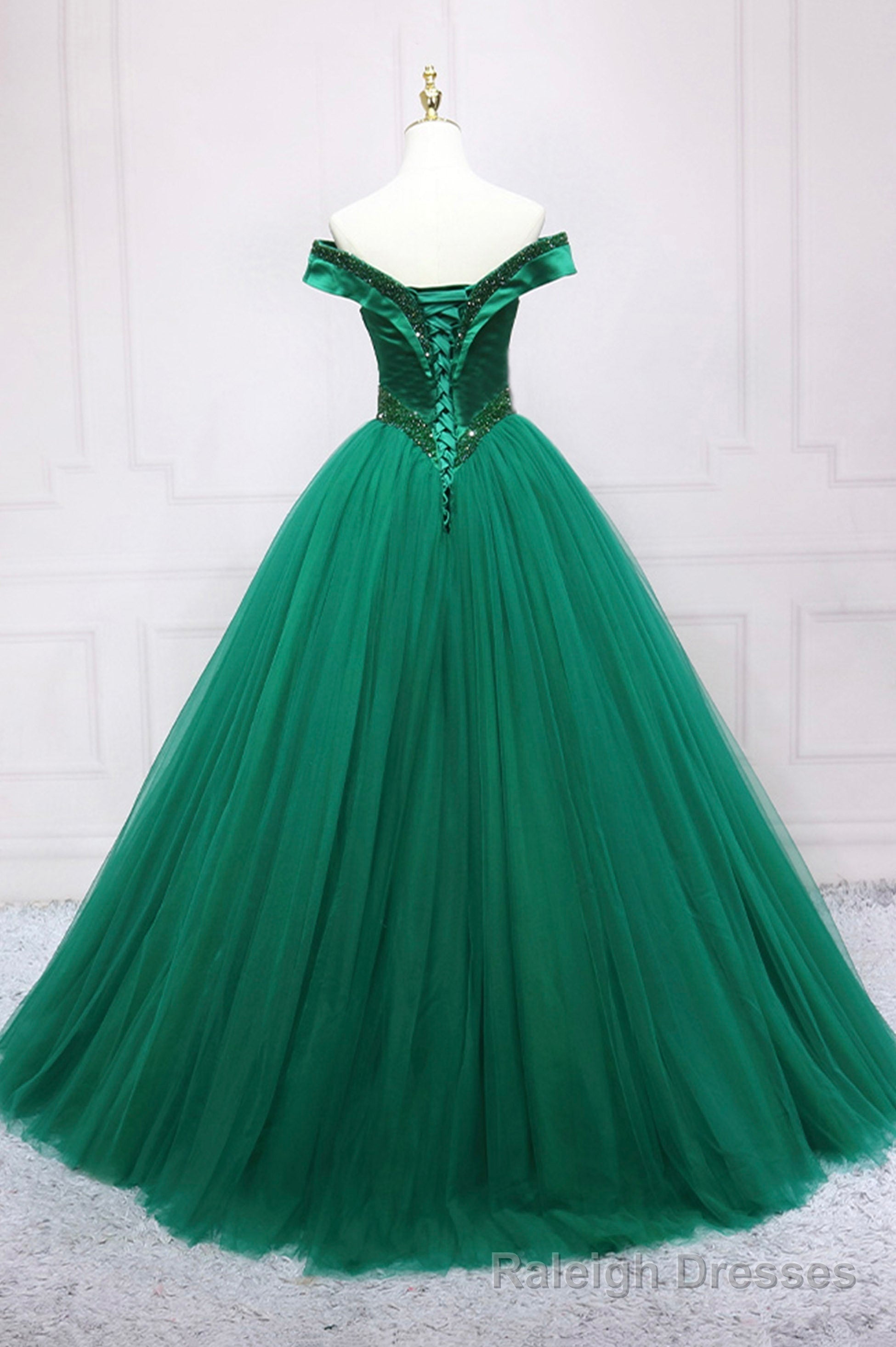 Green Tulle Long A-Line Ball Gown, Off the Shoulder Evening Dress