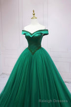 Green Tulle Long A-Line Ball Gown, Off the Shoulder Evening Dress