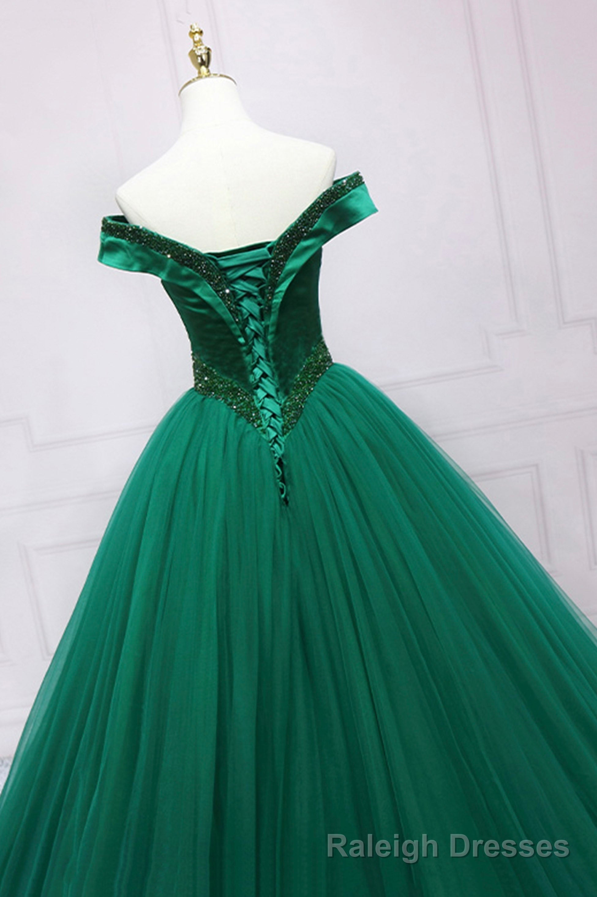 Green Tulle Long A-Line Ball Gown, Off the Shoulder Evening Dress