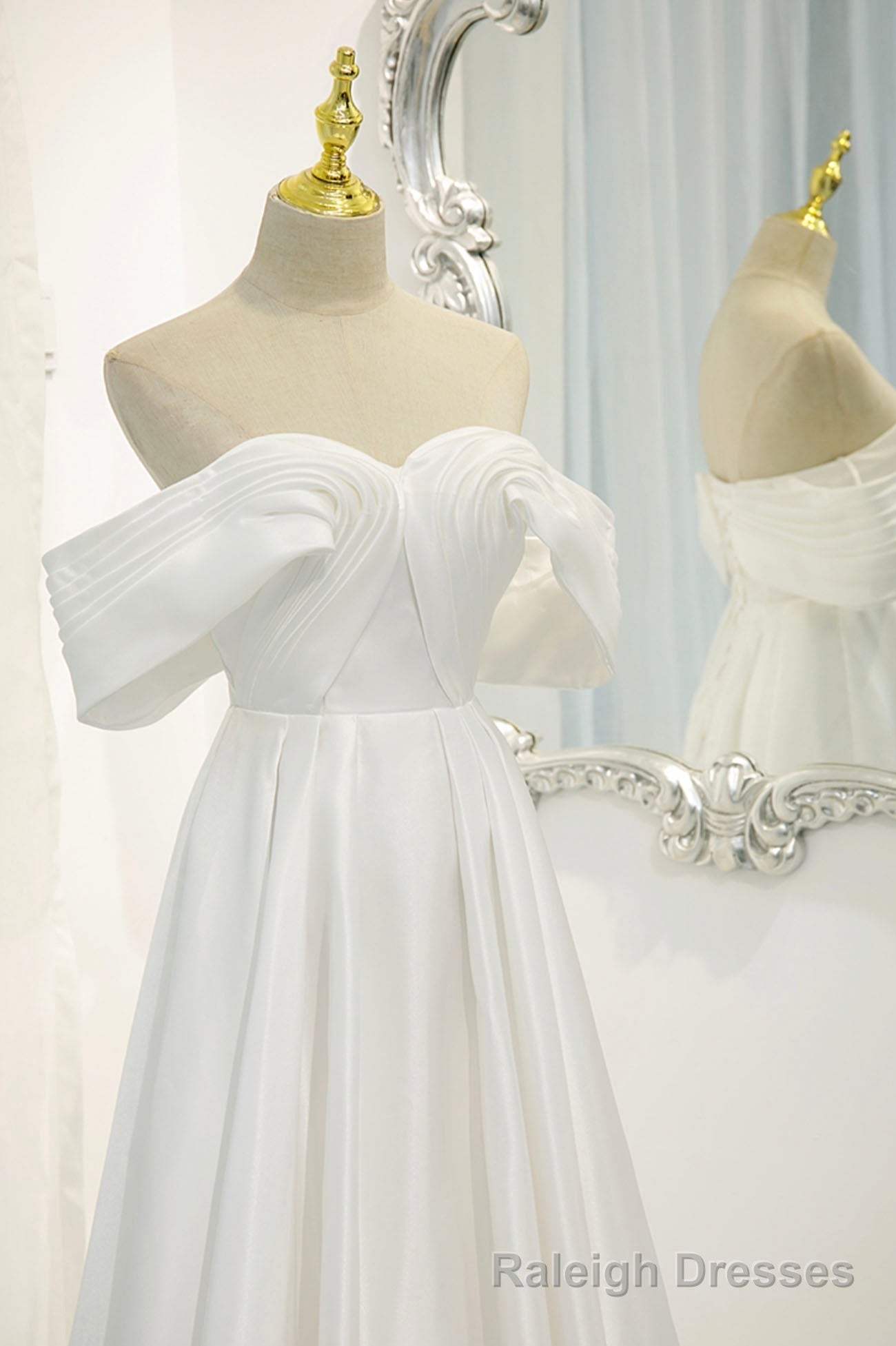 White Satin Long Prom Dress, Off the Shoulder Evening Dress