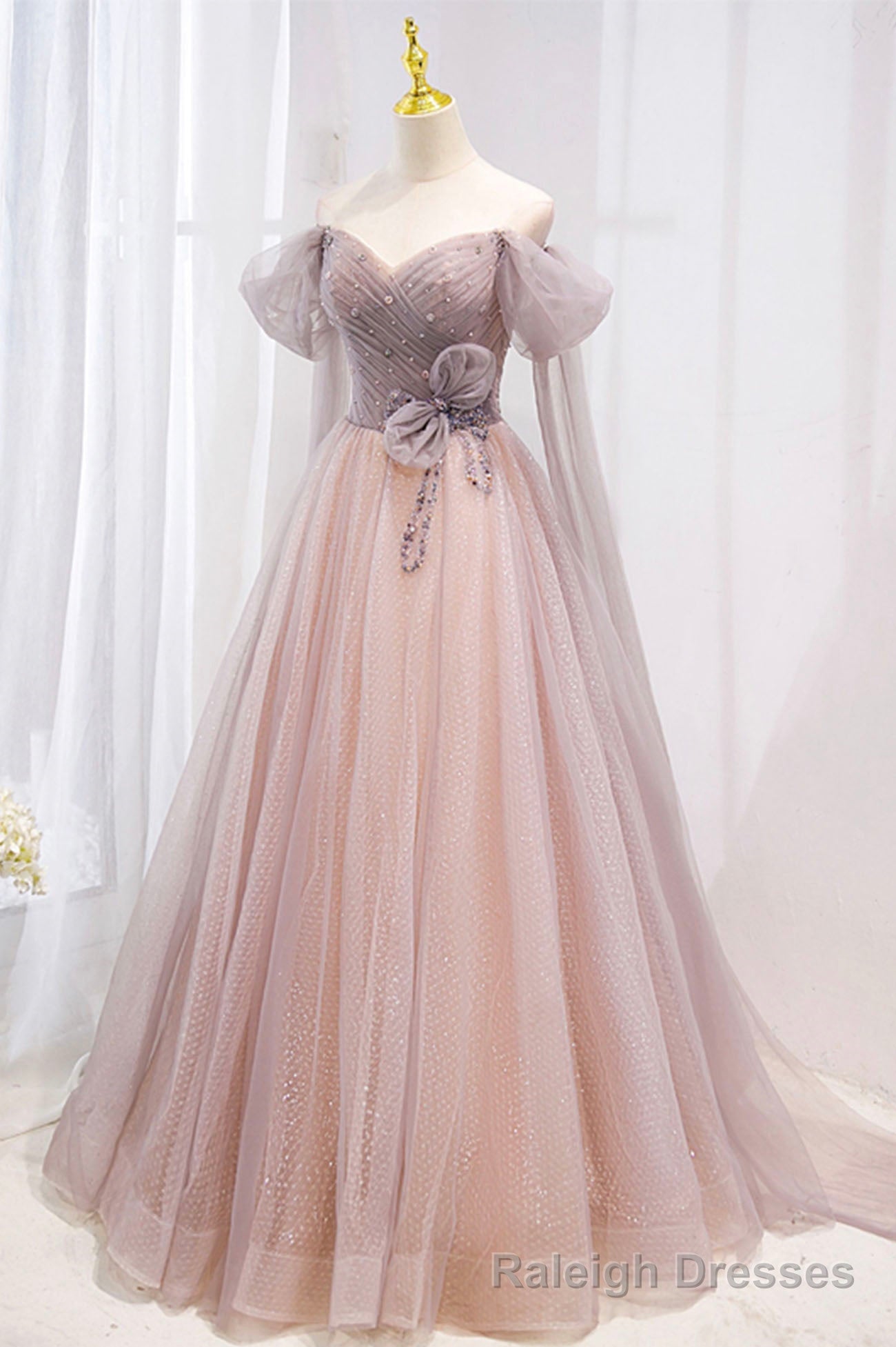 Pink Tulle Beaded Long Prom Dress, Off the Shoulder Evening Dress