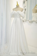 White Satin Long Prom Dress, Off the Shoulder Evening Dress