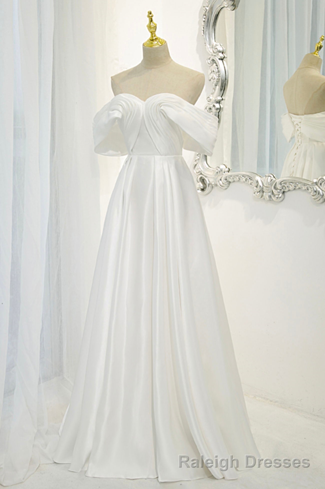 White Satin Long Prom Dress, Off the Shoulder Evening Dress