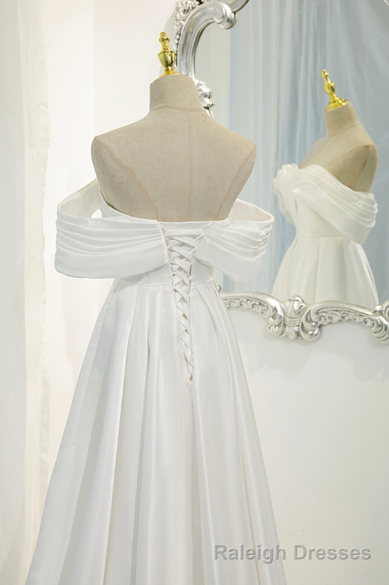 White Satin Long Prom Dress, Off the Shoulder Evening Dress