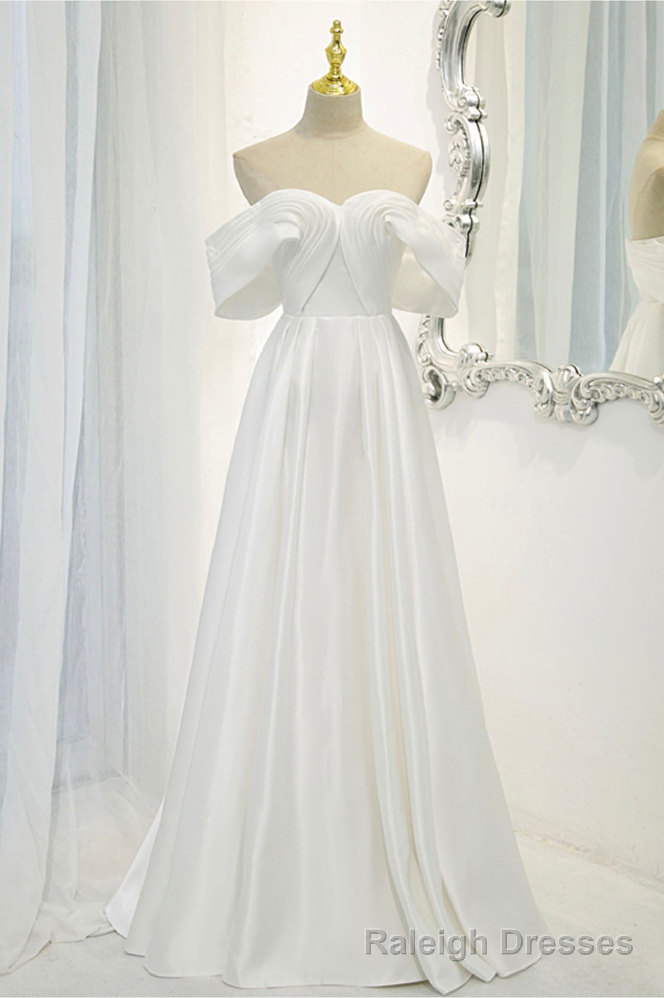 White Satin Long Prom Dress, Off the Shoulder Evening Dress