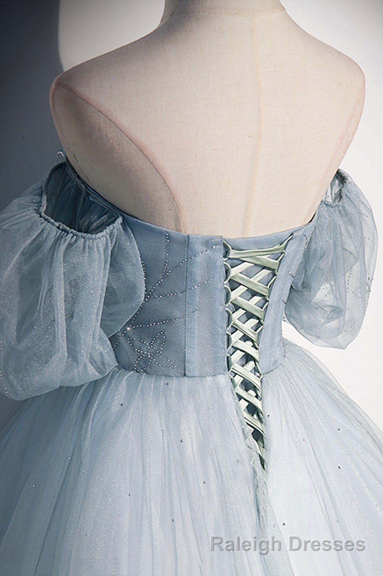 Blue Tulle Long A-Line Prom Dress, Blue Off the Shoulder Evening Dress