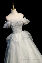 Off the Shoulder Tulle Long Prom Dress, A Line Prom Dress