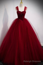 Burgundy Tulle Long A-Line Prom Dress, Burgundy Evening Party Dress