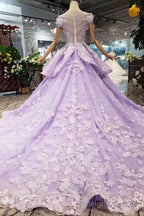 Lilac Ball Gowns Short Sleeve Prom Dresses with Long Train, Gorgeous Quinceanera Dress