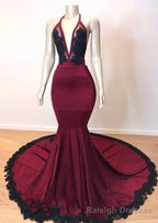 Sexy Mermaid V Neck Backless Burgundy And Black Long Prom Dress 2026