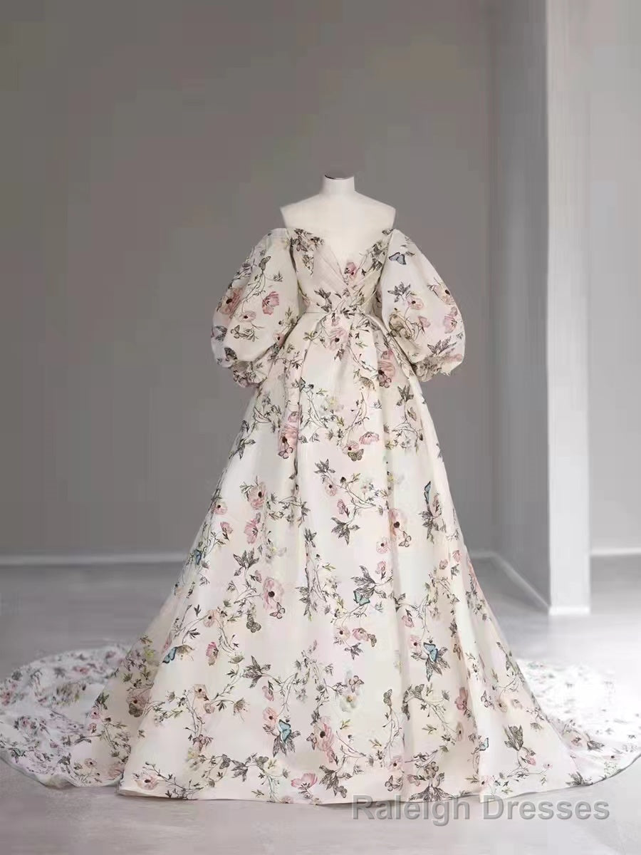 Bubble Sleeves A-line Prom Dresses, Elegant Floral Long Prom Dresses, Popular Wedding Guest Dresses