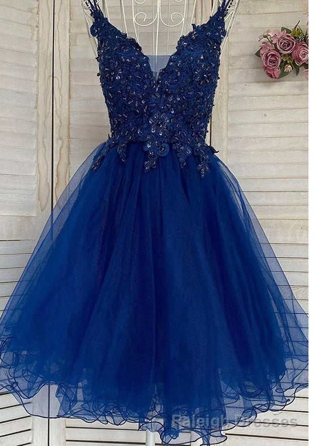 A Line V Neck Sleeveless Tulle Short Mini Homecoming Dress With Appliqued Beading Sequins