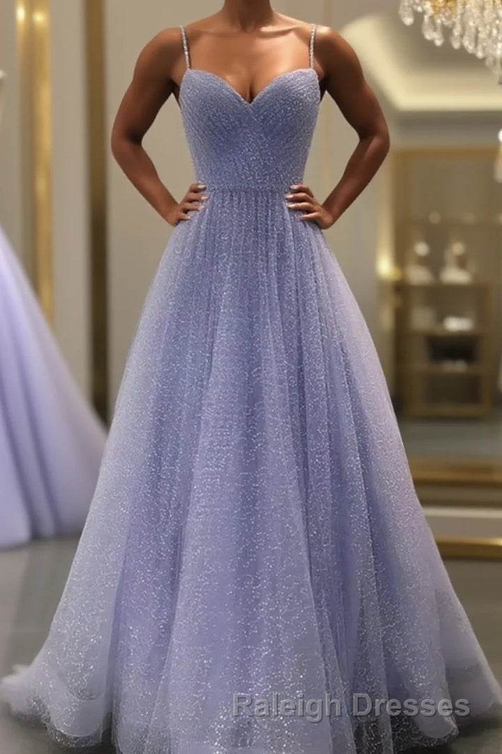 Lavender Prom Dresses, A-line V Neck Spaghetti Straps Long/Floor-Length Tulle Prom Dress With Beading Sequins Main image