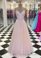 Lavender Prom Dresses, A-line V Neck Spaghetti Straps Long/Floor-Length Tulle Prom Dress With Beading Sequins